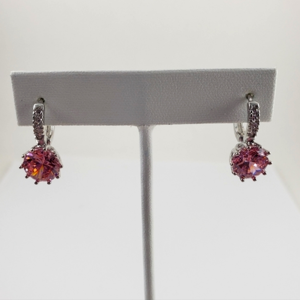 Sterling Silver Pink Dangle Earrings Lever back CZ earrings prong set filigree - Picture 3 of 5
